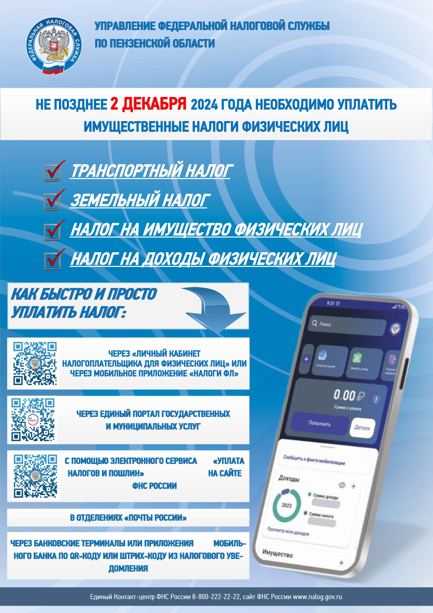 Необходимо уплатить имущественные налоги физических лиц не позднее 2 декабря 2024 года 