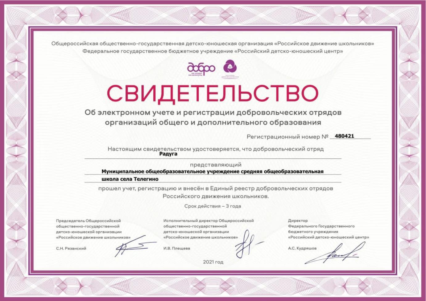 Добровольческий отряд "Радуга" МОУ СОШ с. Телегино прошел процедуру паспортизации в рамках Всероссийского конкурса "Добро не уходит на каникулы"
