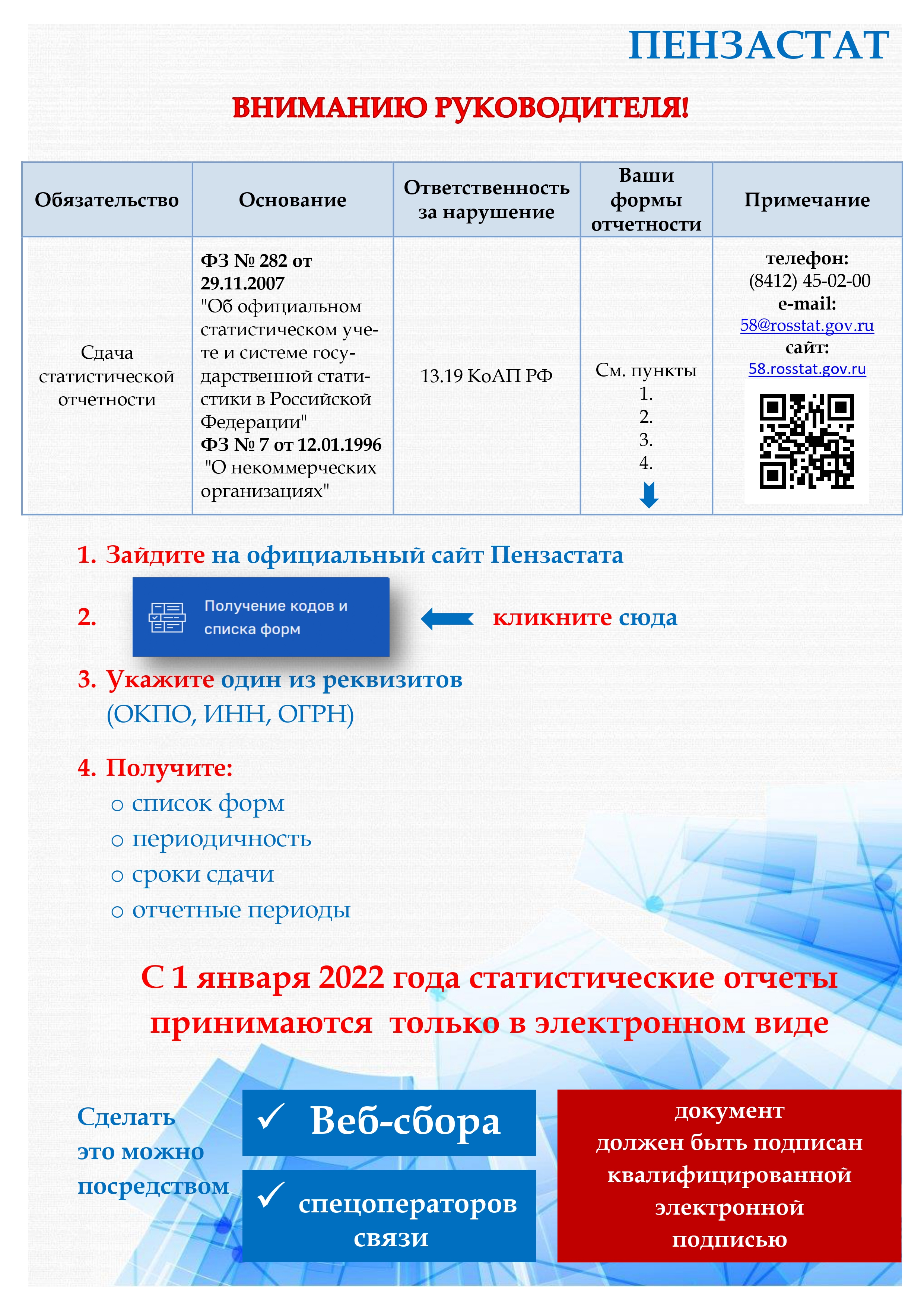 Пензастат напоминает, что все хозяйствующие субъекты обязаны сдавать статистическую отчетность в электронном виде
