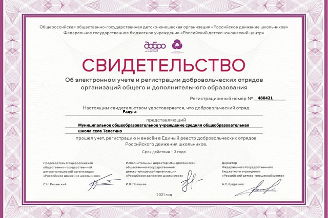 Добровольческий отряд "Радуга" МОУ СОШ с. Телегино прошел процедуру паспортизации в рамках Всероссийского конкурса "Добро не уходит на каникулы" Добровольческий отряд "Радуга" МОУ СОШ с. Телегино прошел процедуру паспортизации в рамках Всероссийского конкурса "Добро не уходит на каникулы"