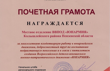 В связи с пятилетием создания движения "Юнармия" местное отделение ВВПОД "Юнармия" награждено почетной грамотой В связи с пятилетием создания движения "Юнармия" местное отделение ВВПОД "Юнармия" награждено почетной грамотой